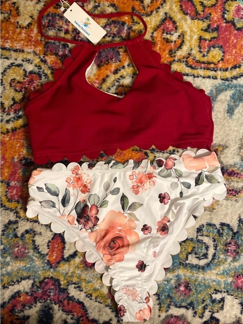 Woman’s Red Scallop Halter Bikini Top with Floral White Scallop Bottoms